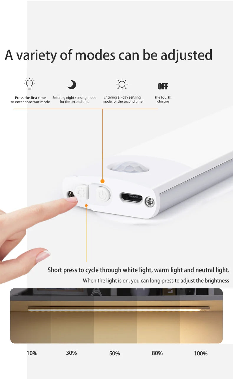 LED Cabinet Light Type C Rechargeable Motion Sensor Night Lights for Kitchen Wardrobe Cabinet Lighting 10cm/20cm/30cm/40cm/50cm sayaragear