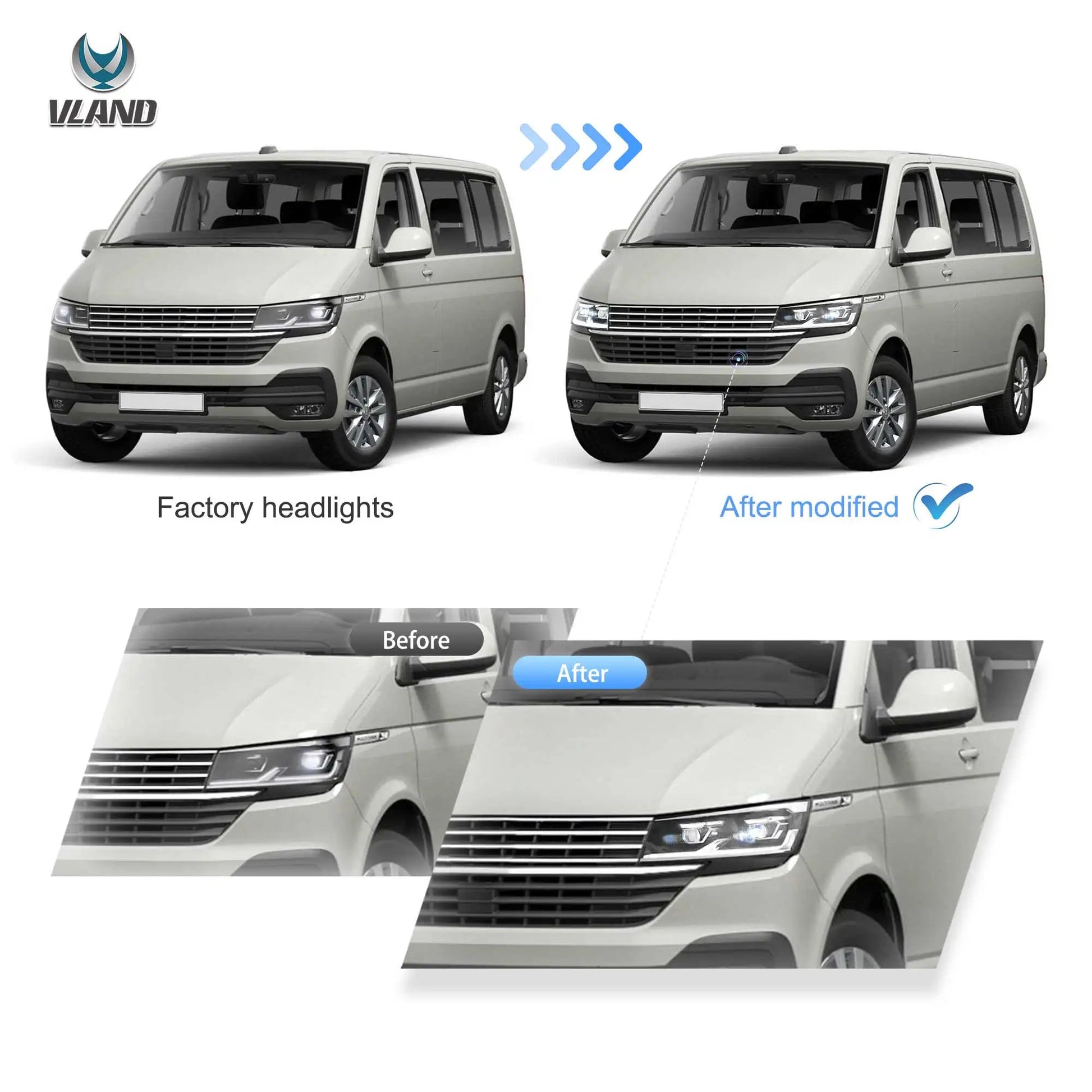 VLAND LED Dual Beam Projector Headlights Black Fit 2019-2024 VW Transporter T6.1 Facelift Headlamps sayaragear