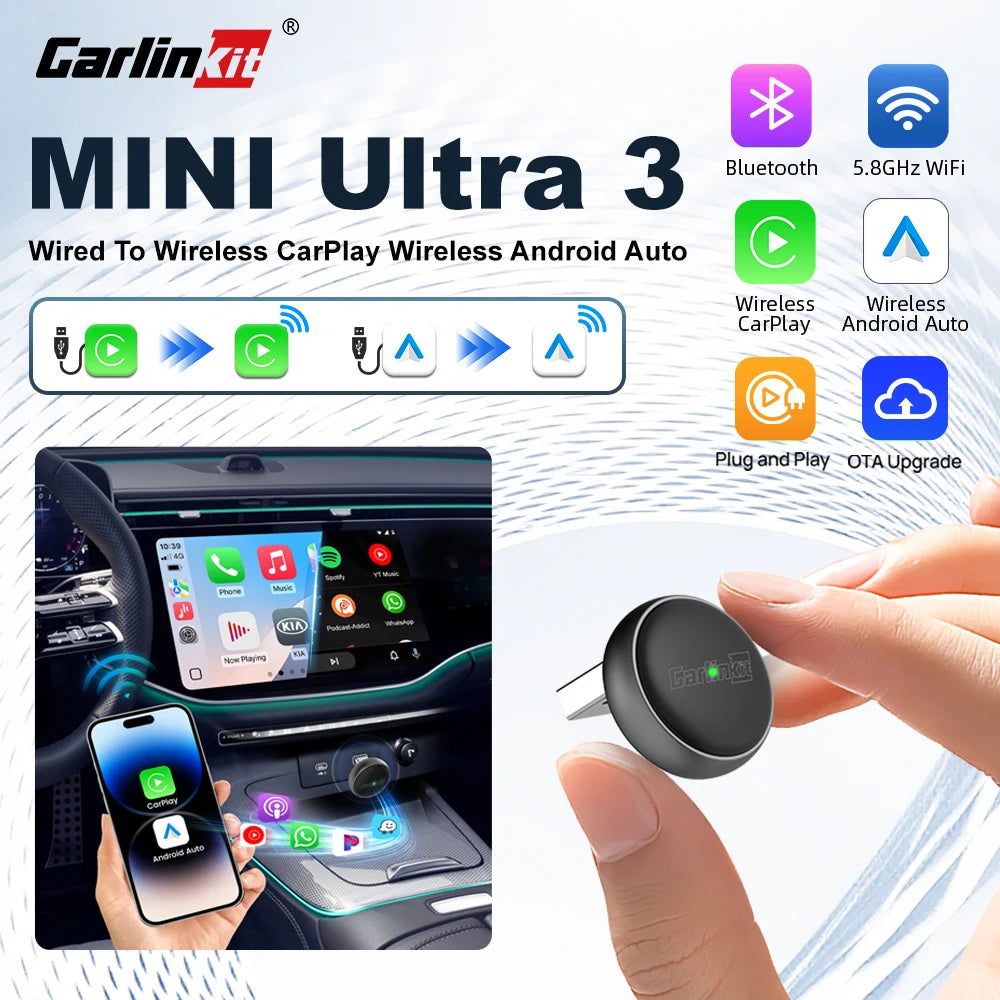 New CarlinKit Mini Ultra3 Wireless CarPlay Adapter Android Auto Wireless Dongle 2-In-1 Wireless Adapter Auto Connect 5.8G Wifi sayaragear