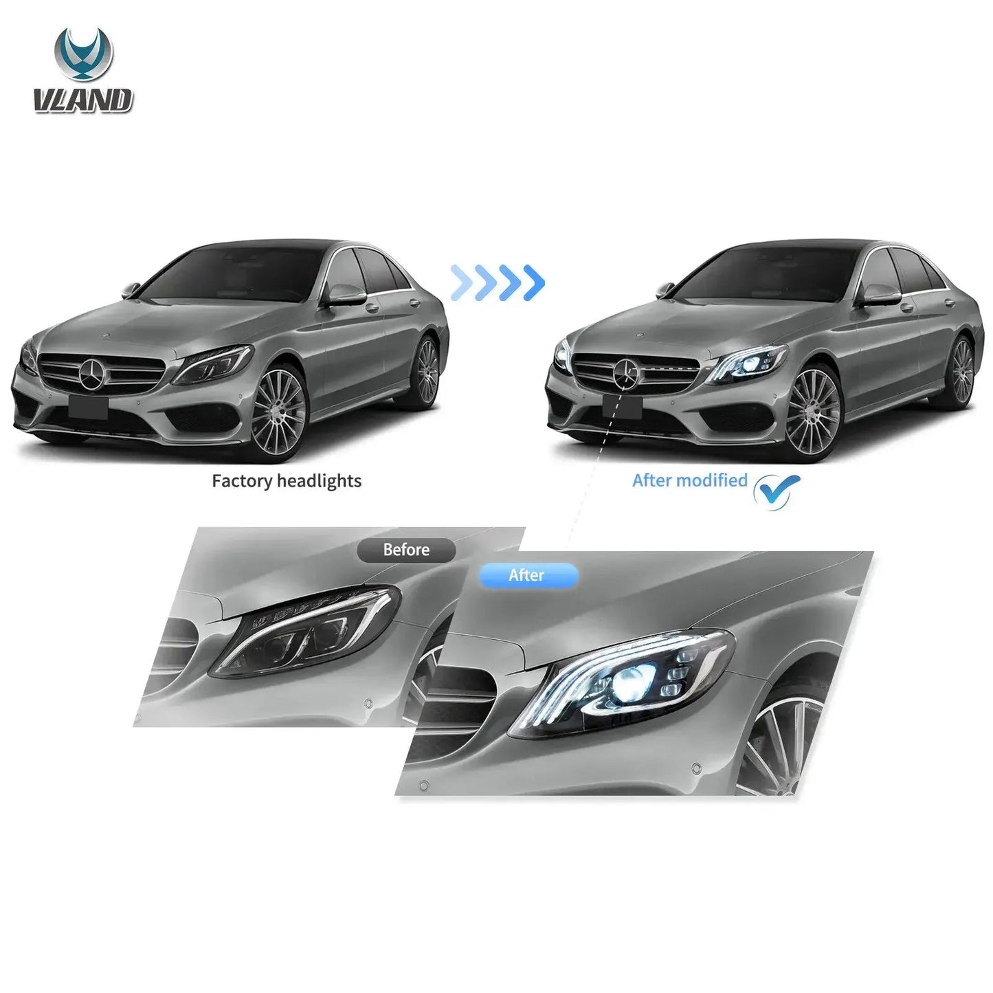 Vland 15-21 Mercedes-Benz C-Class 4th Gen (W205) LED Matrix Headlights Black with DRL High Low Beam Front Headlamp Assembly sayaragear