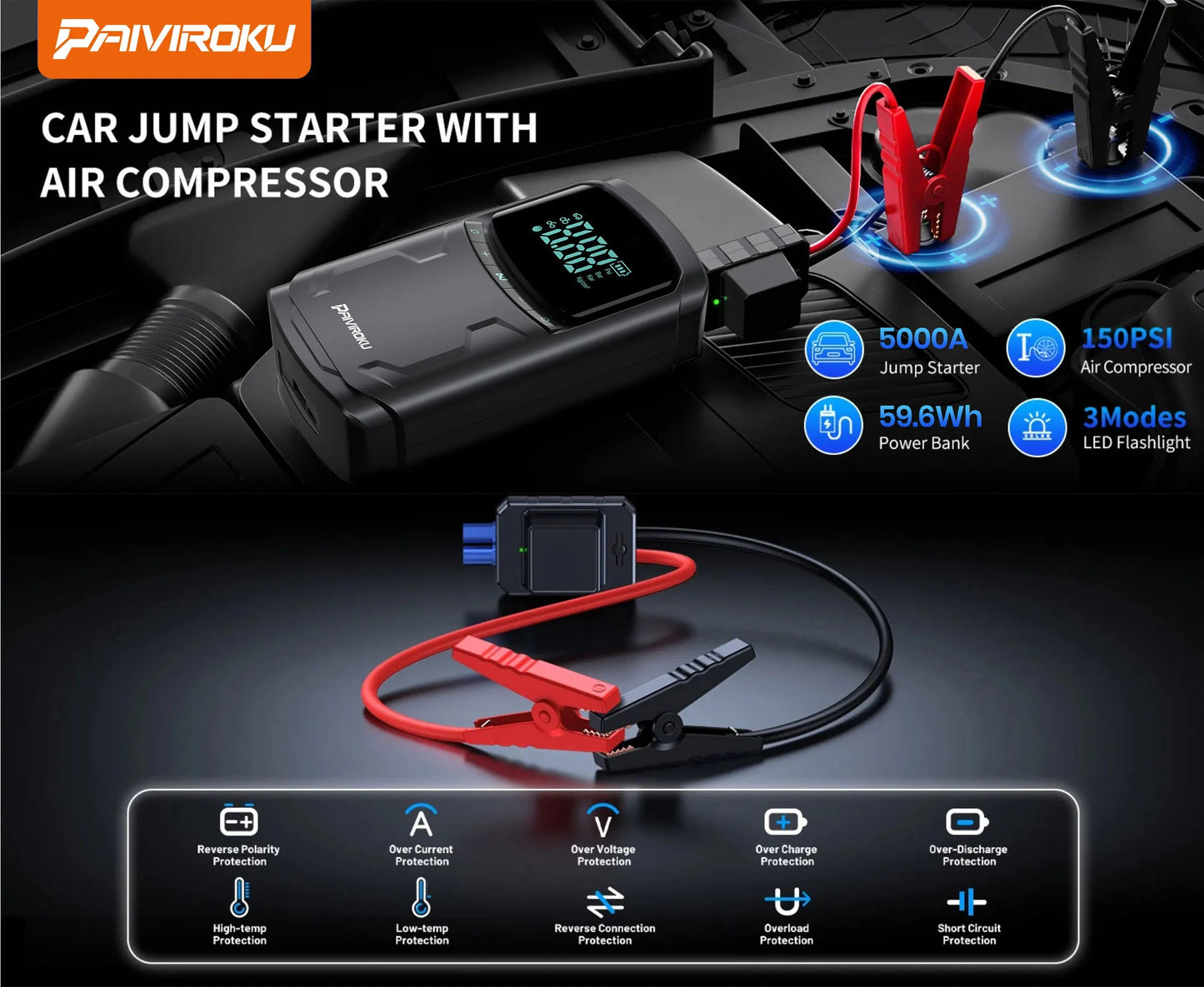 Car Jump Starter with Air Compressor Peak 5000A Auto Battery Booster 150PSI Air Pump Portable Power Bank Tire Inflator Lighting sayaragear