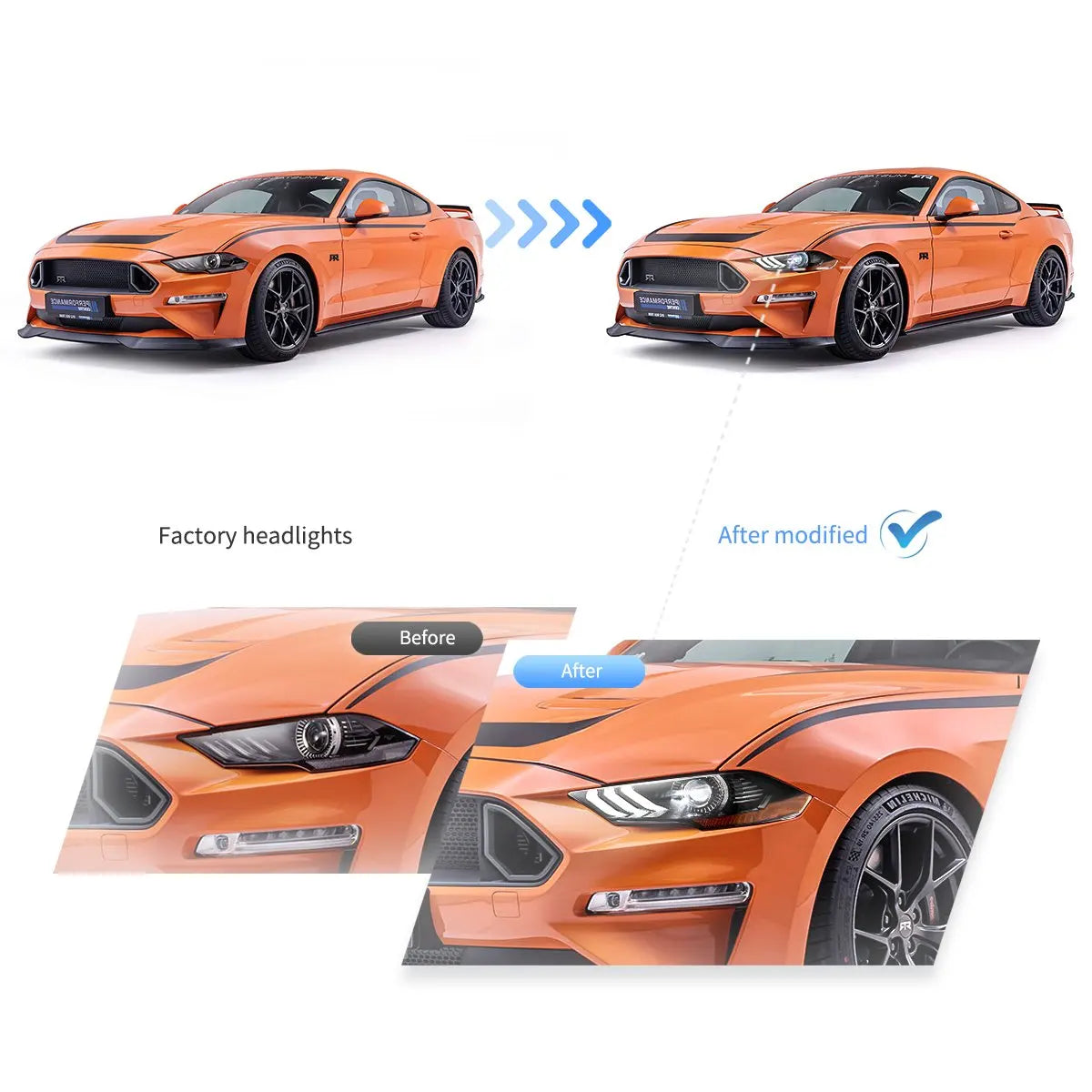 VLAND LED Dual Beam Projector Headlights Black For 18-24 Ford Mustang 6th Gen Facelifted Front Lamp Assembly sayaragear