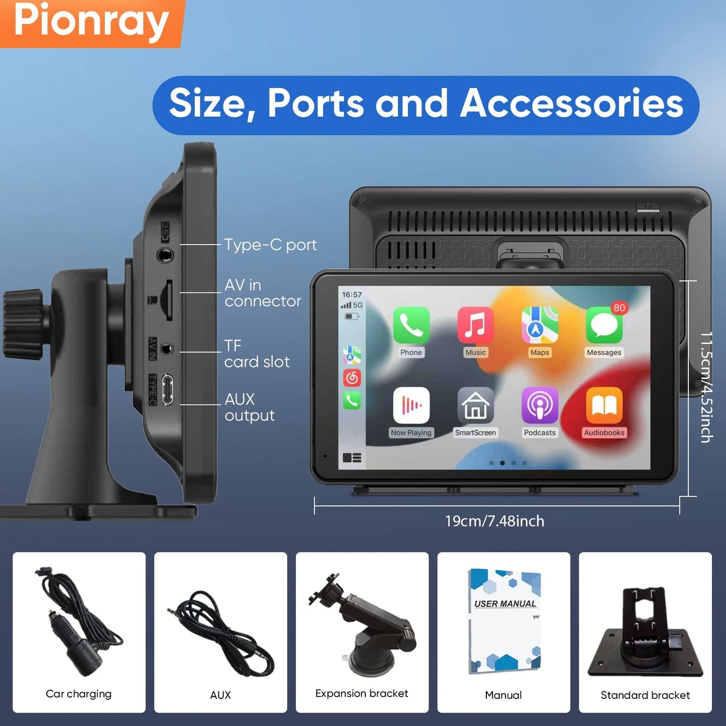 Pionray Portable CarPlay 7'' Smart Touchscreen with Car Stereo, Wireless Android Auto/Mirror Link/ AUX Connection/FM/GPS sayaragear