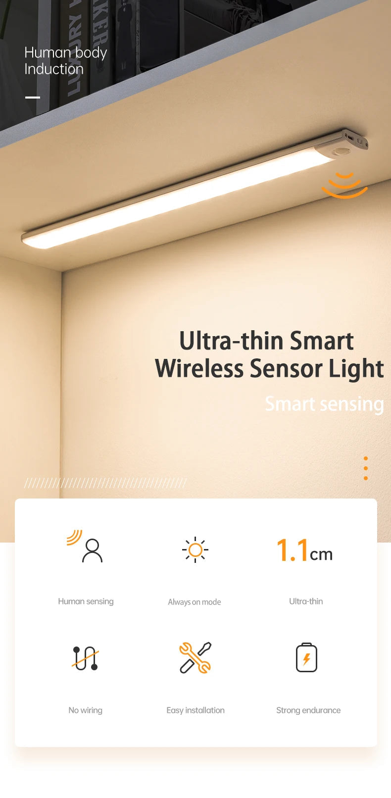 LED Cabinet Light Type C Rechargeable Motion Sensor Night Lights for Kitchen Wardrobe Cabinet Lighting 10cm/20cm/30cm/40cm/50cm sayaragear