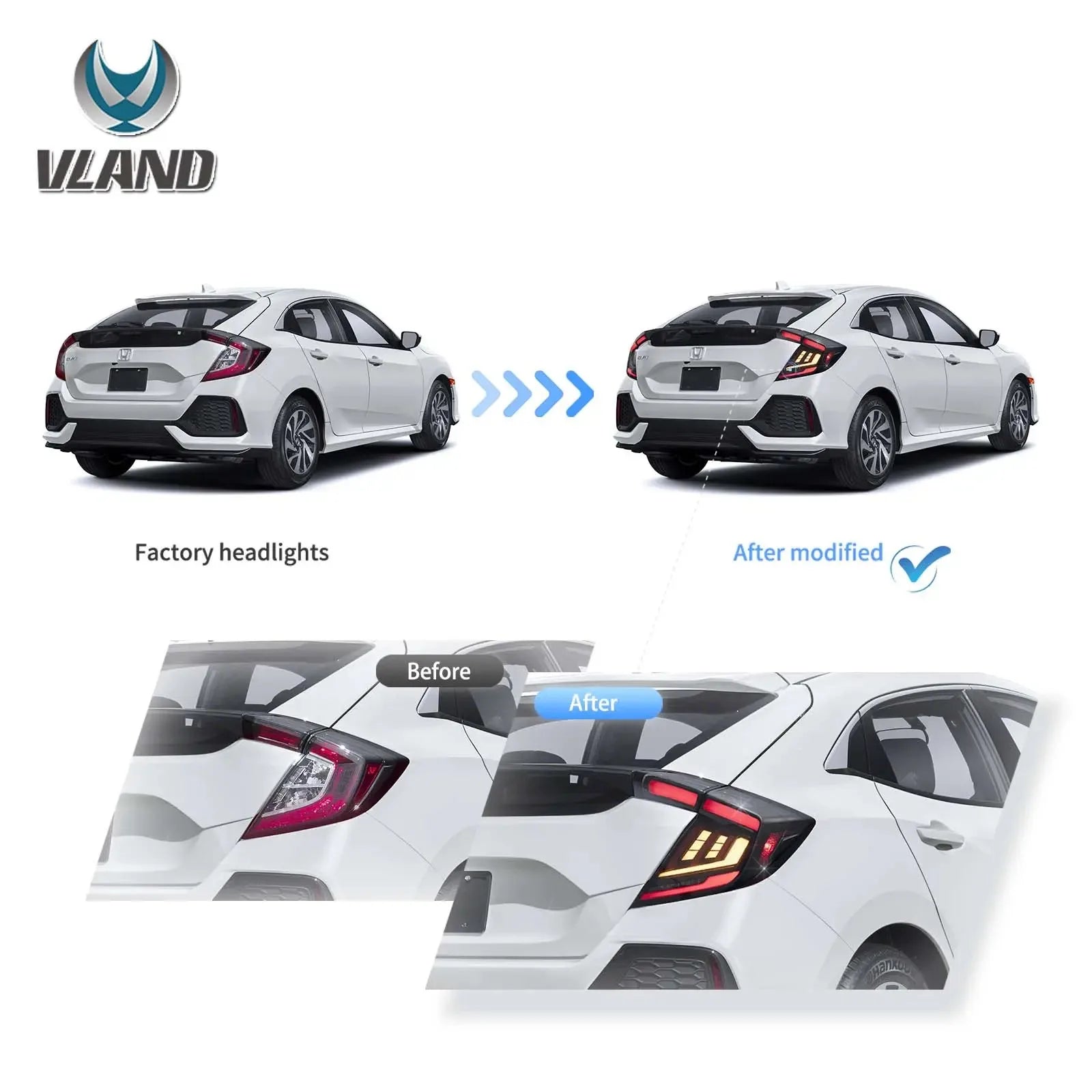 Vland 18-21 Civic 10th Gen (FK4/FK7/FK8) Hatchback II LED Tail Lights With Dynamic Welcome Lighting Smoked sayaragear