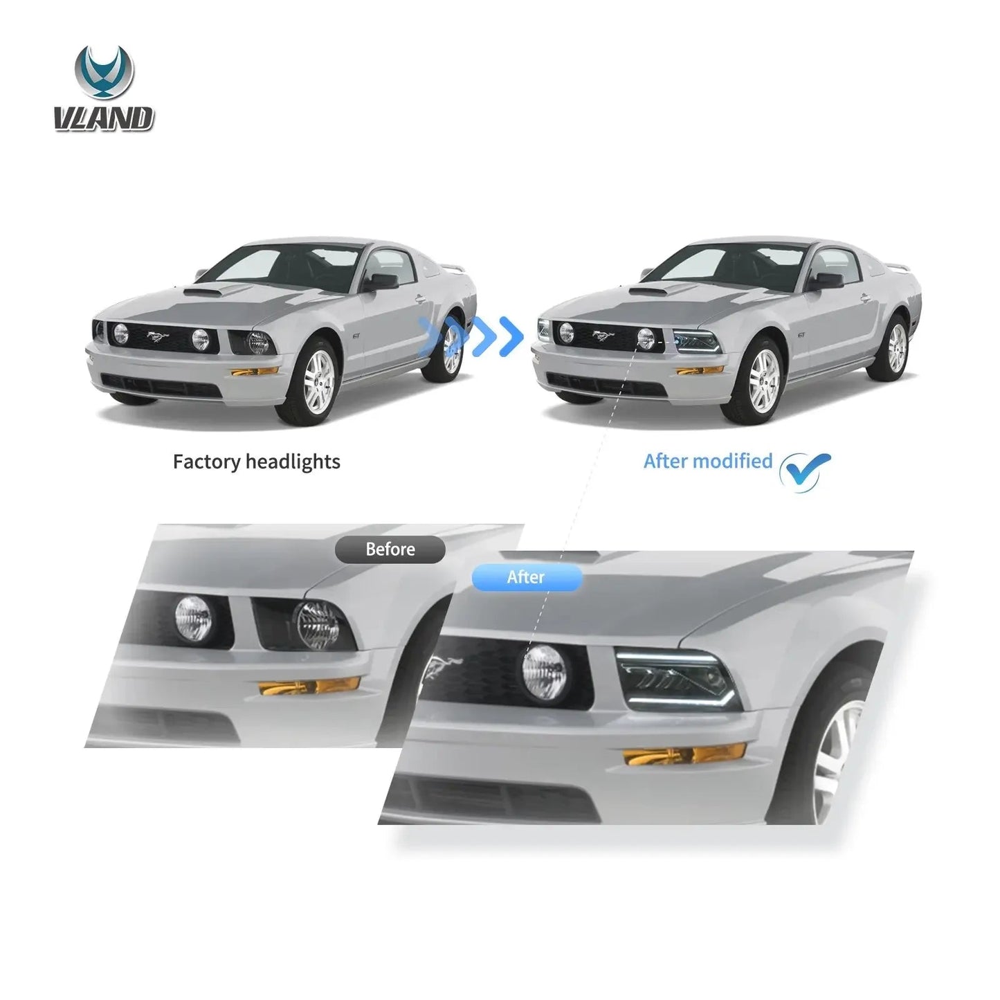 Vland 05-09 Mustang S197 LED Dual Beam Projector Headlights with DRL High Low Beam Front Headlamp Assembly sayaragear