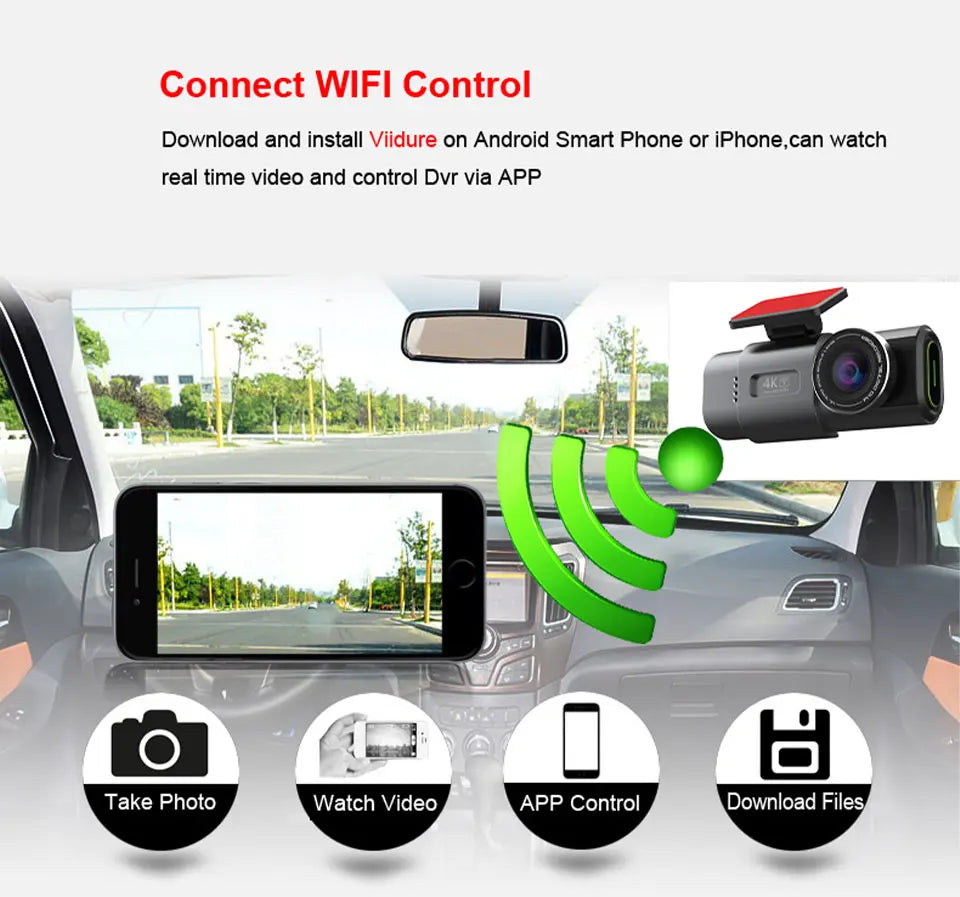 Dash Cam 4K UHD Recording Car Camera DVR Night Vision Video Recorder Built-In Wi-Fi Support GPS 24H Parking sayaragear