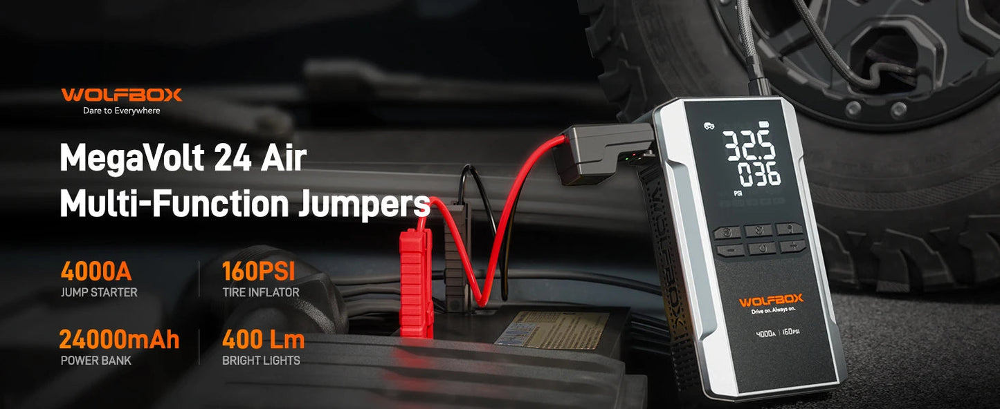 WOLFBOX 4000A Jump Starter with 160PSI Air Compressor, 12V Car Battery Booster, 65W Fast Charge, 24000mAh Portable Tire Inflator sayaragear