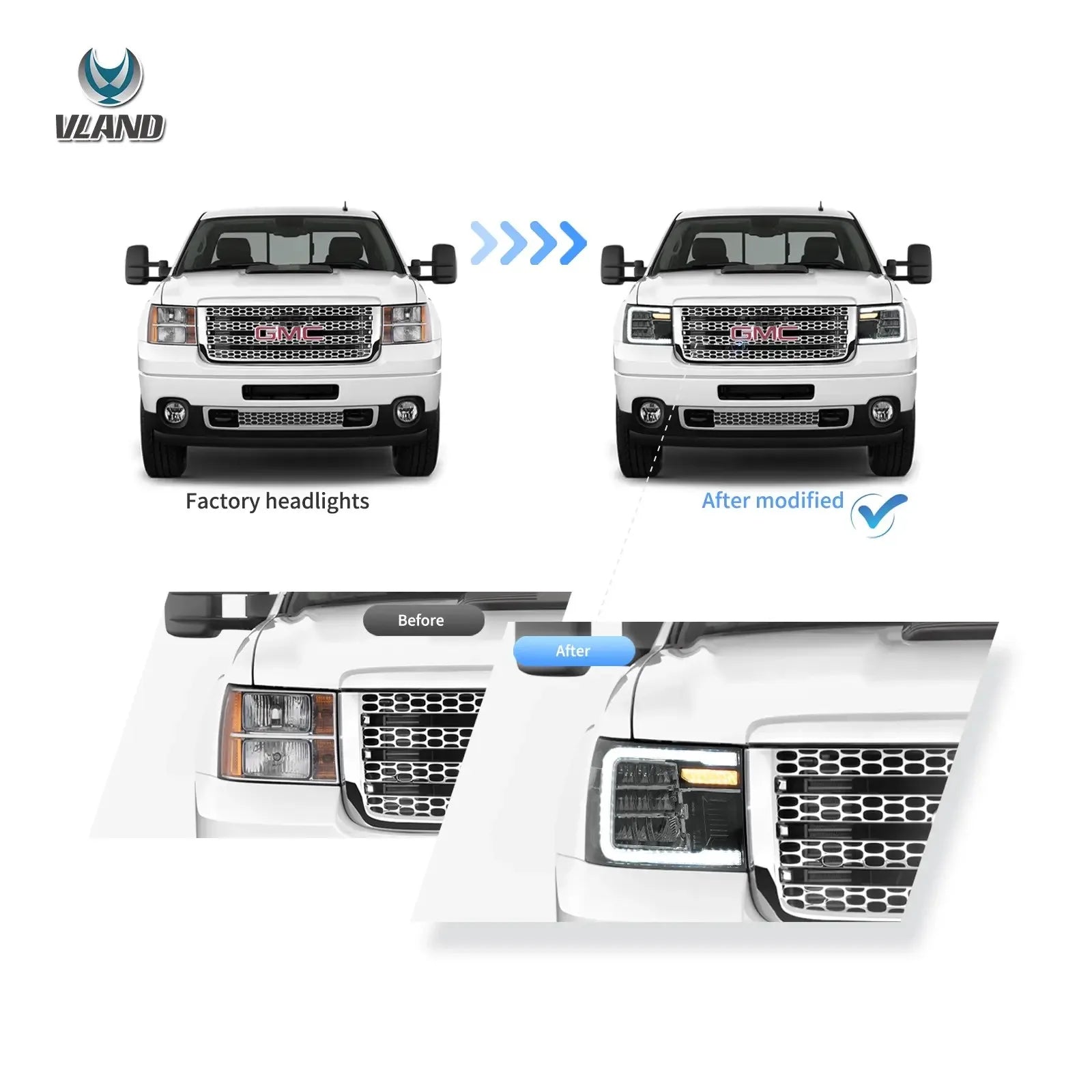 Vland 07-13 Sierra 2nd Gen LED Reflection Bowl Headlights Chrome with DRL High Low Beam Front Headlamp Assembly sayaragear