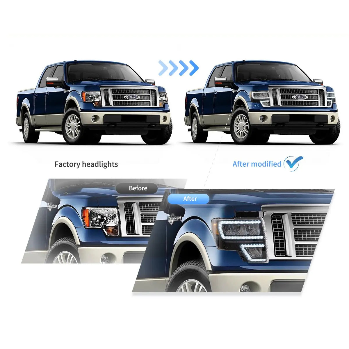 Vland 09-14 Ford F150 12th Gen LED Reflection Bowl Headlights Replacement Assembly sayaragear