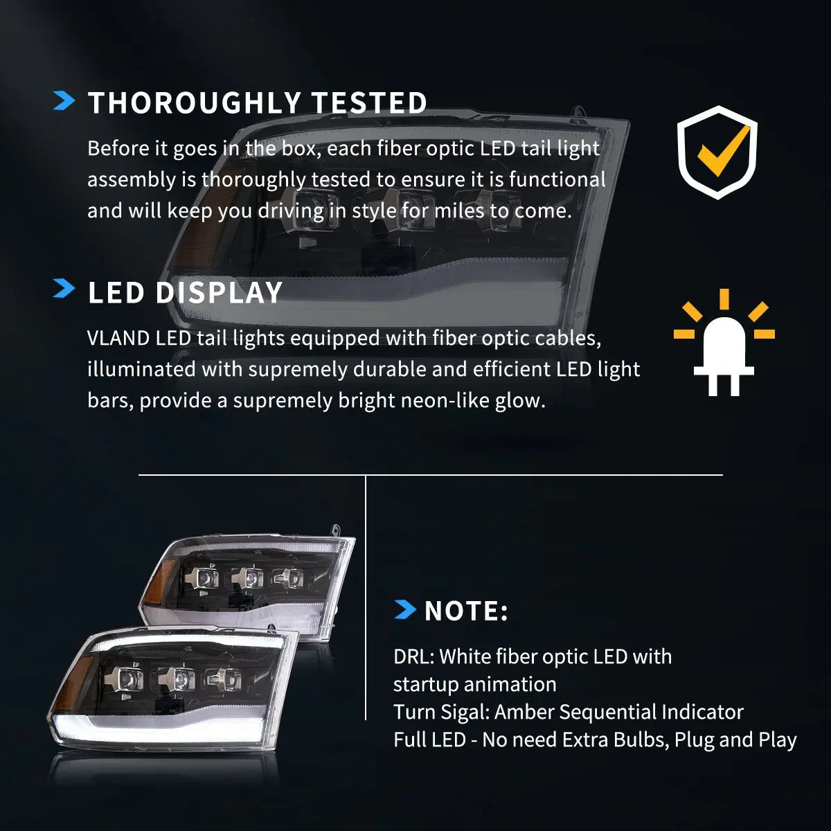 Vland 09-18 Dodge Ram 4th Gen 1500 2500 3500 LED Matrix Projector HeadLights Black Complete Assembly sayaragear