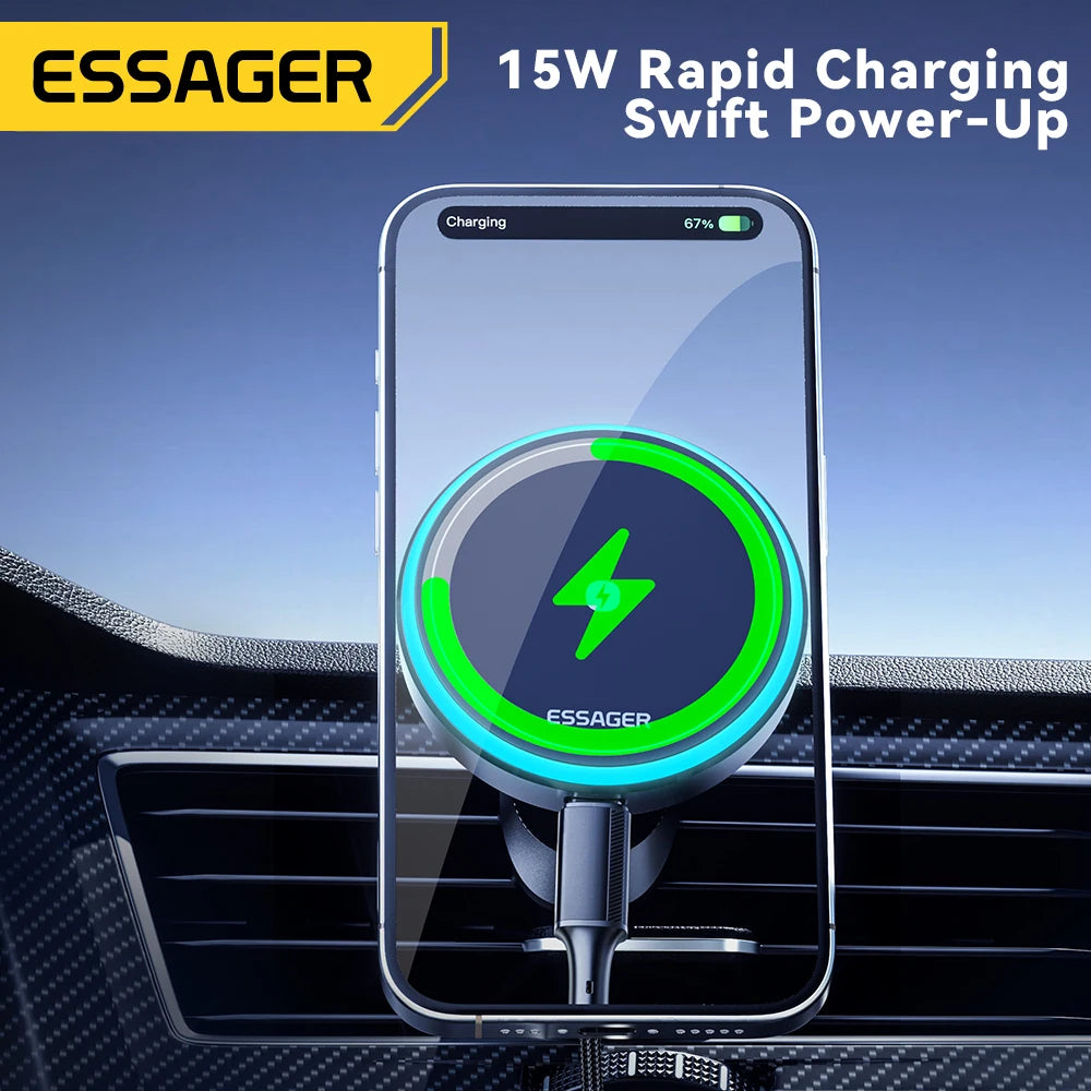 Essager 15W Magnetic Wireless Car Phone Holder Adjustable 360 degrees Car Charger For iPhone15 14 13 Pro Samsung Universal Phone sayaragear
