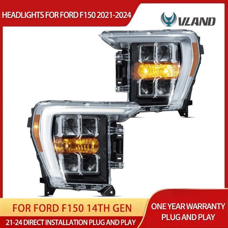 Vland 21-23 F150 14th Gen LED Reflection Bowl HeadLights Chrome with High-Quality Illumination sayaragear