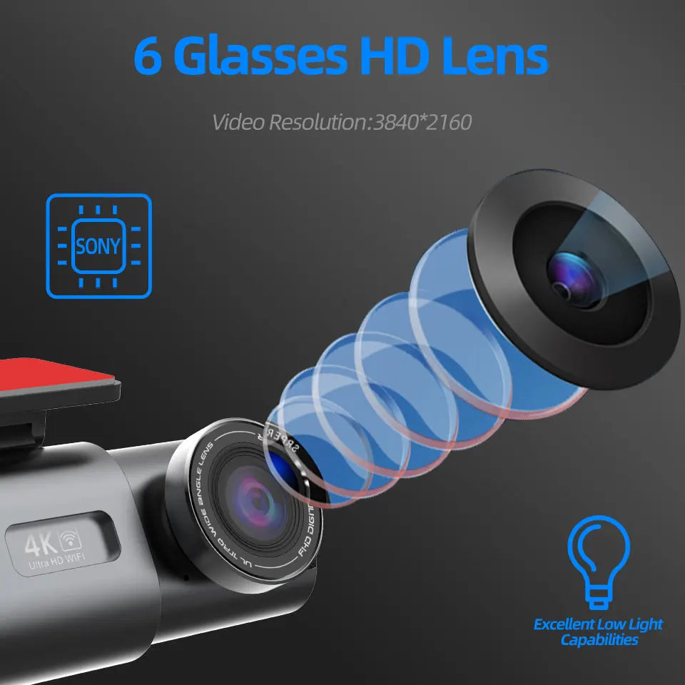 Dash Cam 4K UHD Recording Car Camera DVR Night Vision Video Recorder Built-In Wi-Fi Support GPS 24H Parking sayaragear