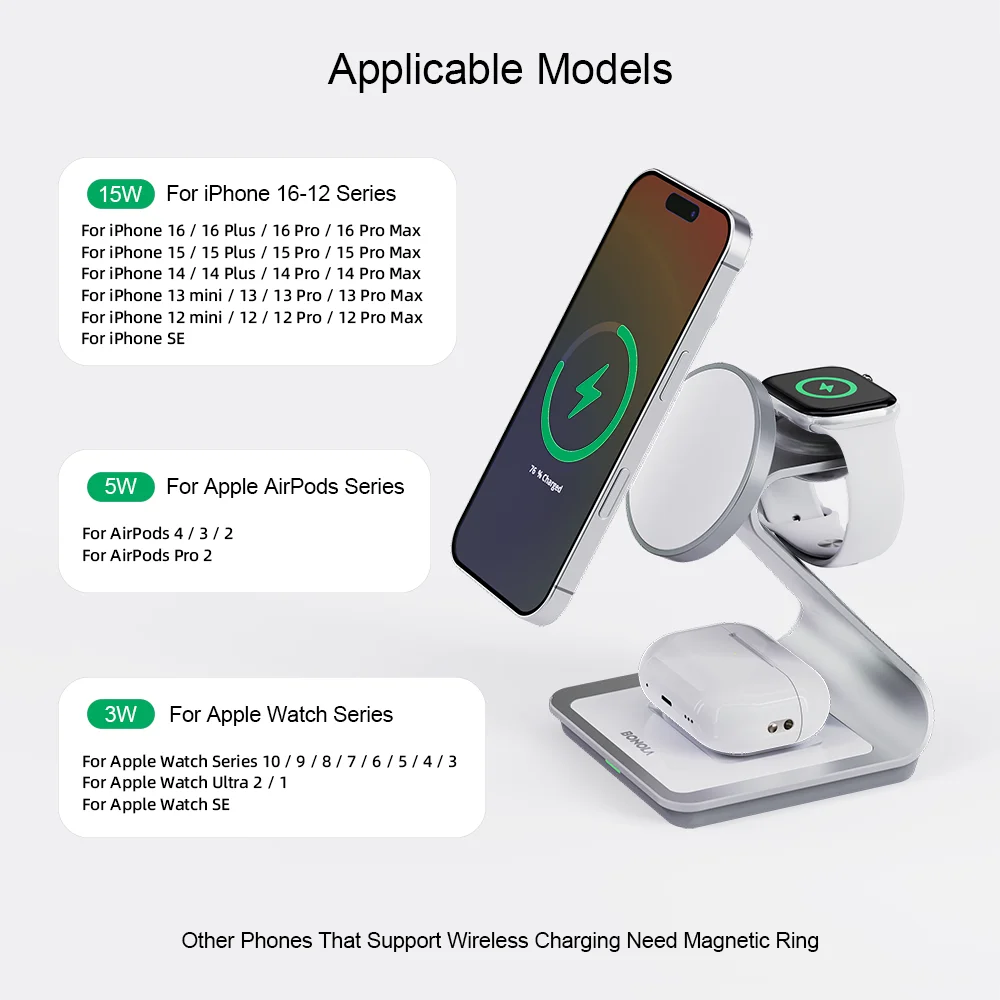 Bonola Magnetic 3 in 1 Wireless Charger for iPhone 17/16/15/13/14/12 30W Wireless Charging Station for Apple Watch/AirPods Pro sayaragear