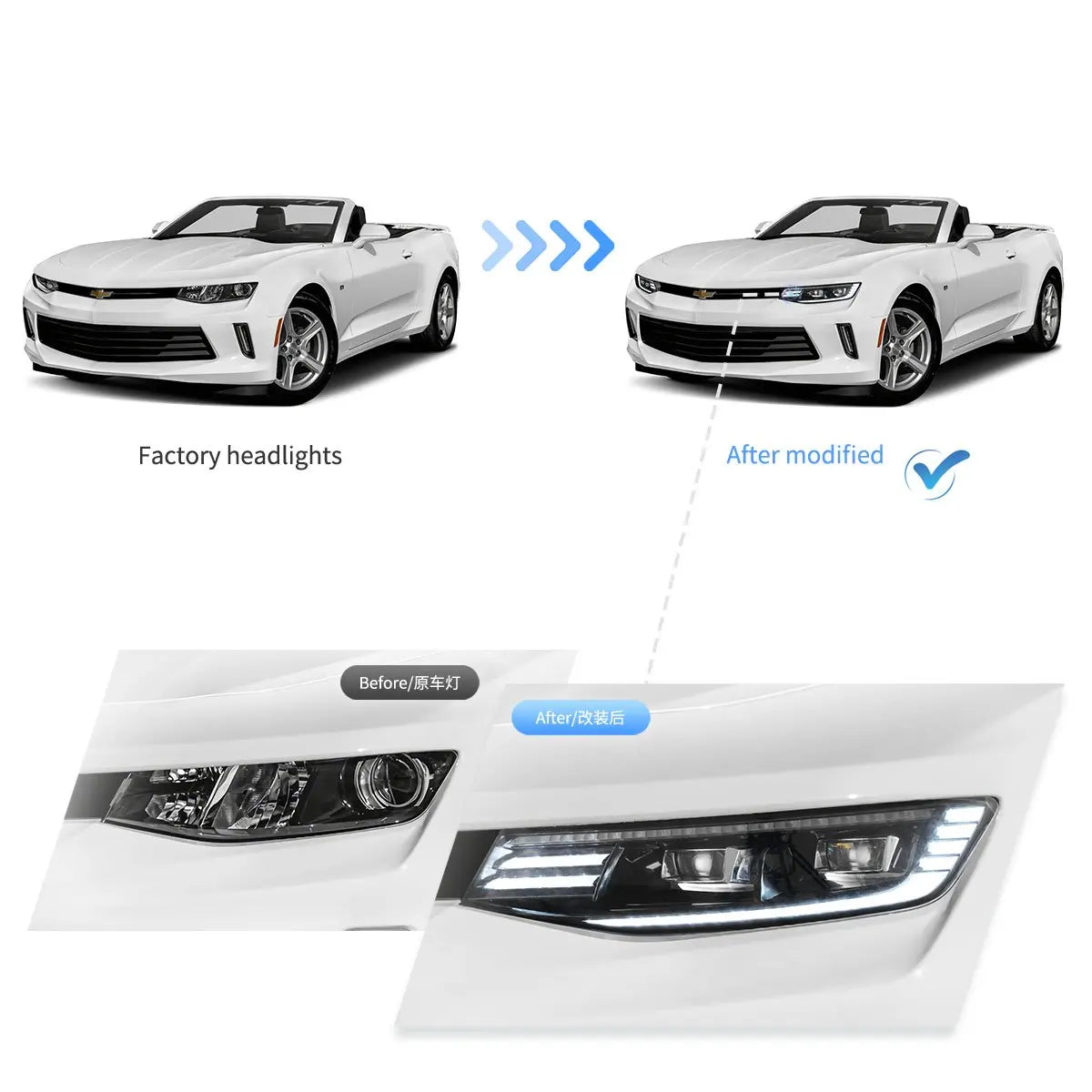 VLAND 16-18 Camaro & 19-24 Camaro ZL1 Black LED Dual Beam Projector Headlights W/ Start-up Animation sayaragear