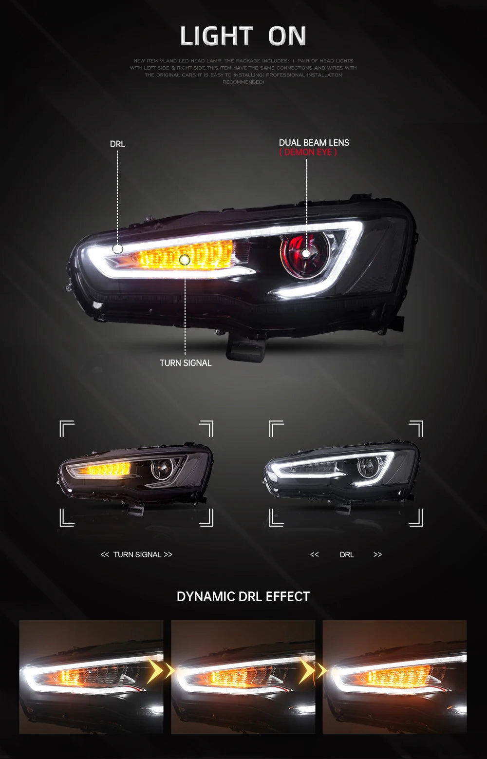 VLAND headlight Assembly FOR MITSUBISHI LANCER 2008-2017 LED HEADLIGHTS LED Running Light sayaragear