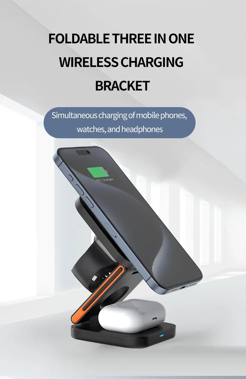 3 in 1 Foldable Charging Station Fast Magnetic Wireless Charger Stand for iPhone 17 16 15 14 13 12 Apple Watch 8 7 6 Airpods Pro sayaragear