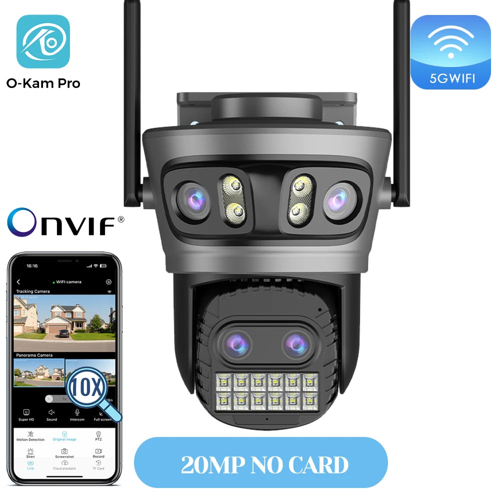 20MP Outdoors Wifi Camera 10K HD Three Lens Security 5G PTZ IP Camera 10X Digital Zoom Lens Human AI Auto Detect Tracking Camera sayaragear