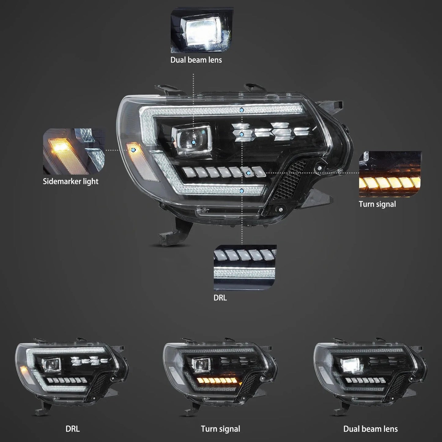 Vland 12-15 Tacoma Full LED Dual Beam Projector Headlights Black sayaragear