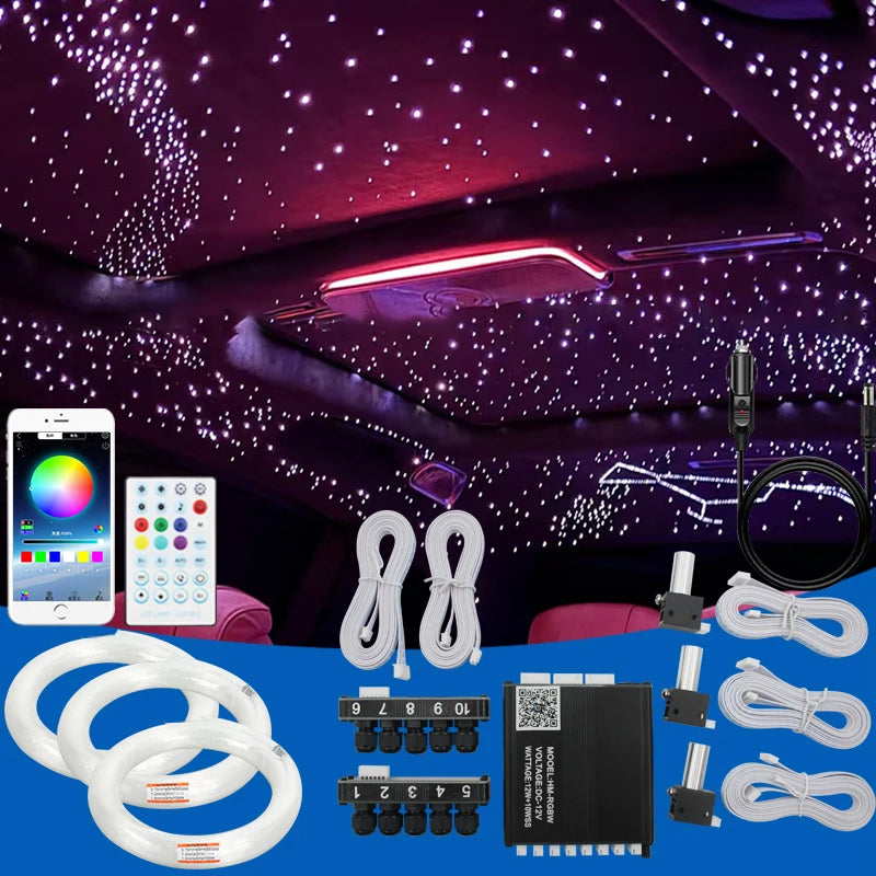 12V Car Starry Sky Ceiling Fiber Optic Modification with App Bluetooth Control, Full Sky Star Panoramic Sunroof Split-Line Light Source Device, White Light Starry Sky Lamp sayaragear