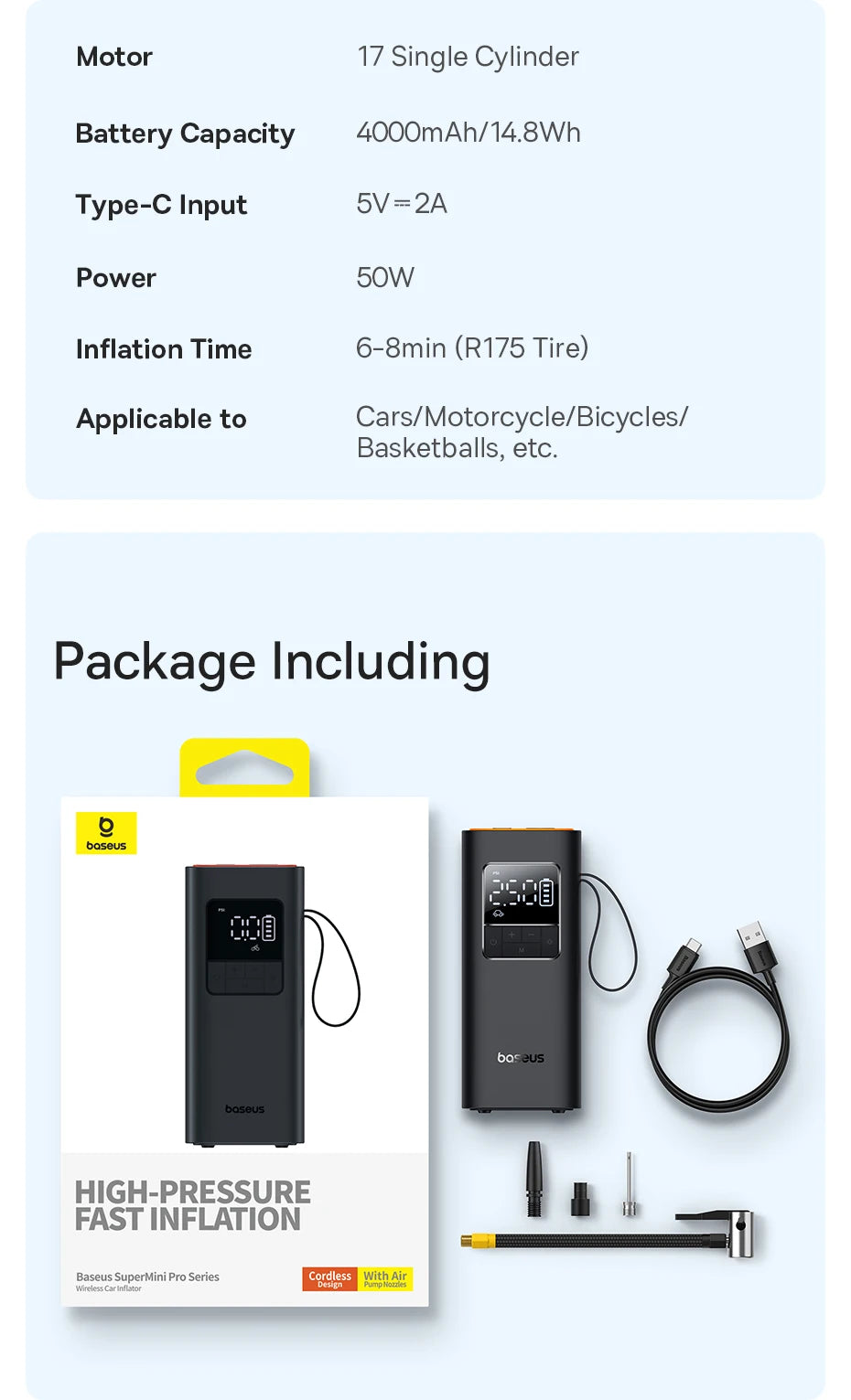 Baseus Wireless Car Air Pump Portable Air Compressor for Car Motorcycles Bicycle Electric Tire Inflator with LCD Digital Display sayaragear