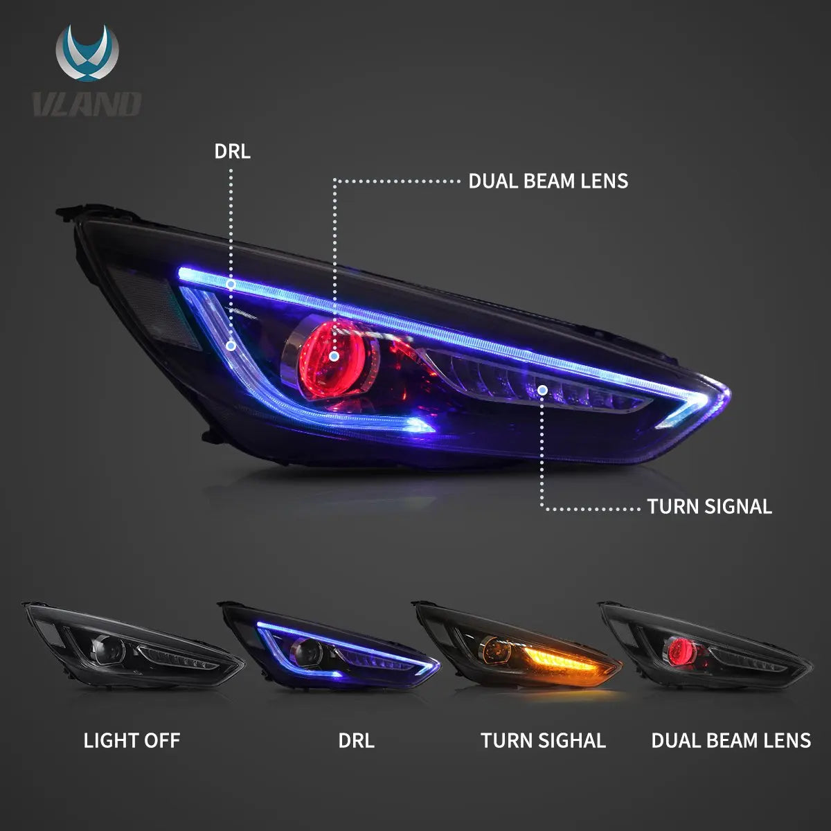 Vland 15-18 Focus Mark 3th Gen Facelift Dual Beam Projector Headlights Black sayaragear