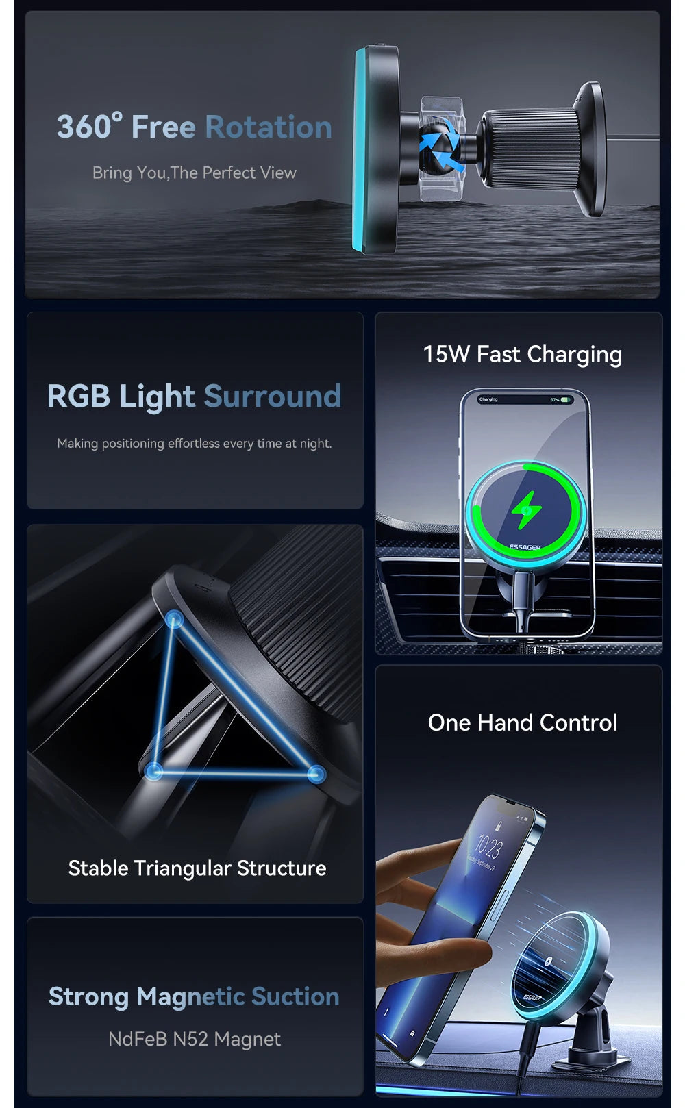 Essager 15W Magnetic Wireless Car Phone Holder Adjustable 360 degrees Car Charger For iPhone15 14 13 Pro Samsung Universal Phone sayaragear