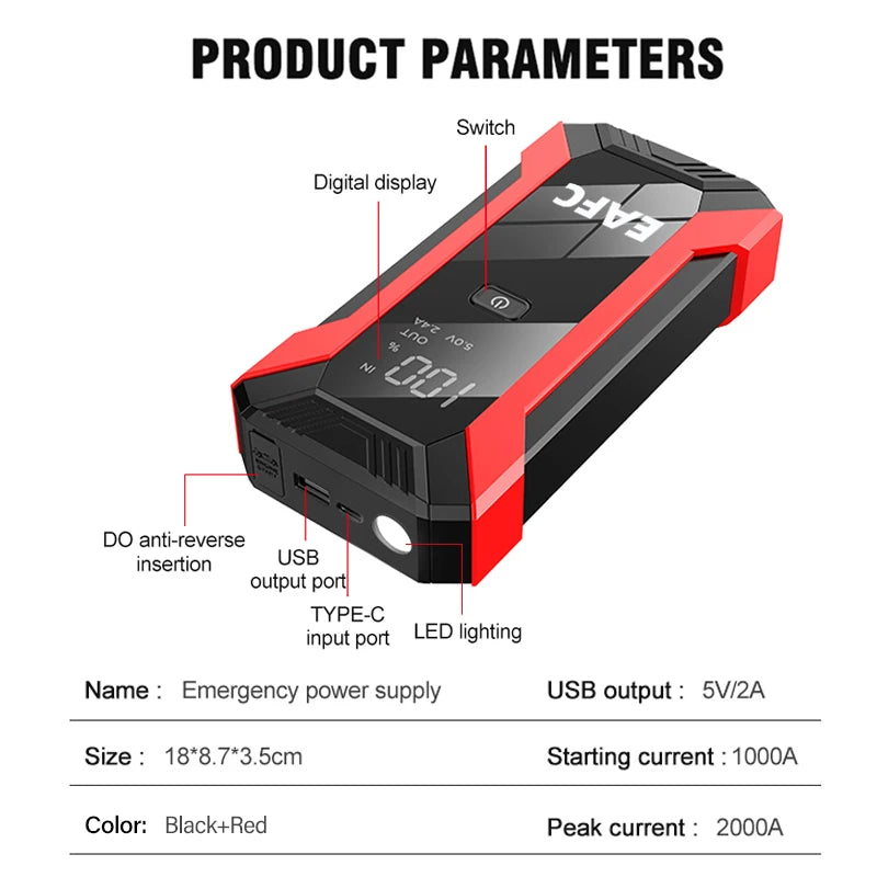 2000A Portable MultiFunction Emergency Booster Car Emergency Mobile Power Battery Charger 12V Car Jump Starter with LED Light sayaragear