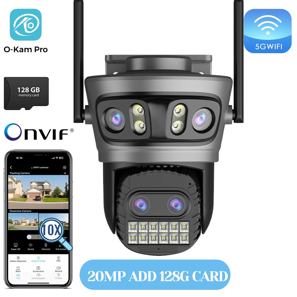 20MP Outdoors Wifi Camera 10K HD Three Lens Security 5G PTZ IP Camera 10X Digital Zoom Lens Human AI Auto Detect Tracking Camera sayaragear