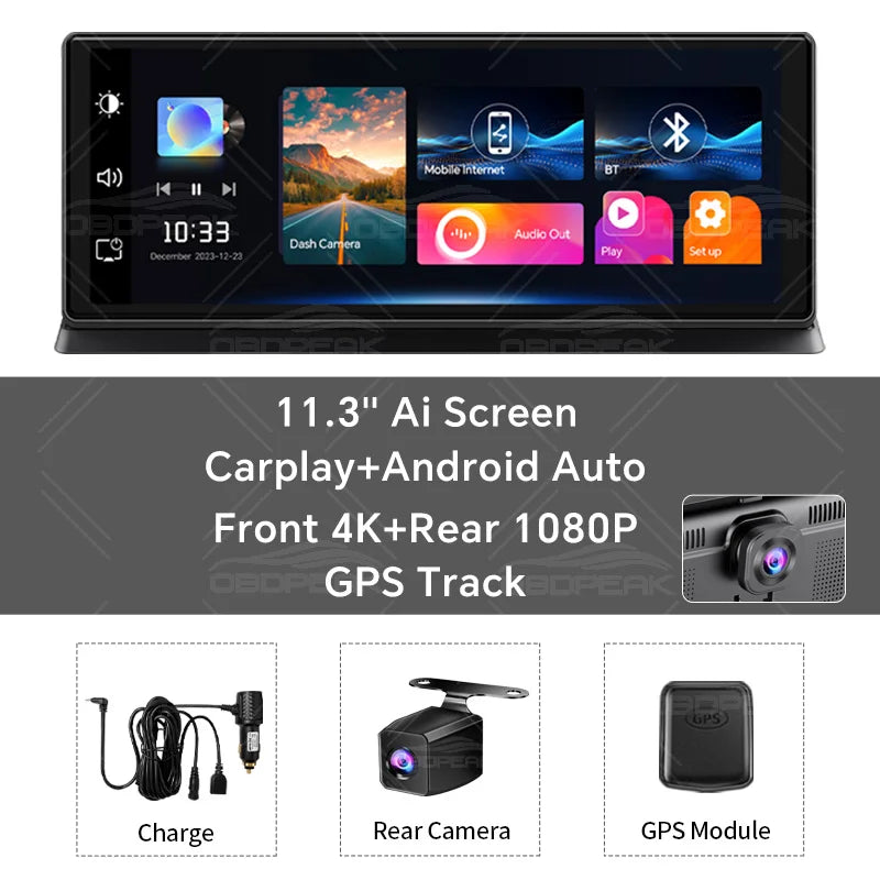 K2 Pro 11.3" Car DVR 4K Camera Wireless Carplay Android auto Ai Screen Dash Cam Dual Len Video Recorder GPS Navigation Dashboard sayaragear