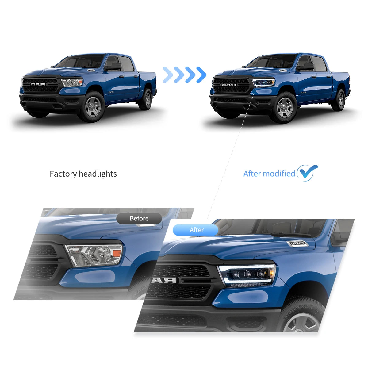 Vland 19-24 Ram 1500 5th Gen (DT) LED Matrix Projector HeadLights Black Assembly sayaragear