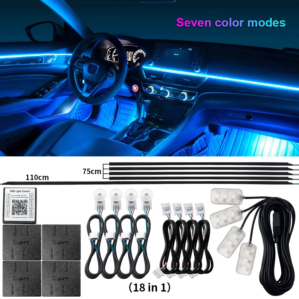 18 in 1 Dual Zone Symphony Streamer Car Ambient Light Interior LED Full Color RGB Neon Acrylic Strip Atmosphere Lighting Kit App sayaragear