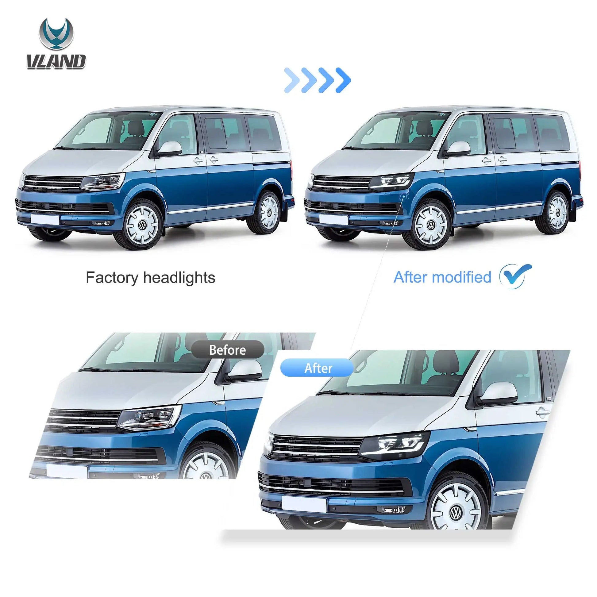 VLAND 2015-2019 Transporter T6 Black LED Dual Beam Projector Headlights Assembly sayaragear
