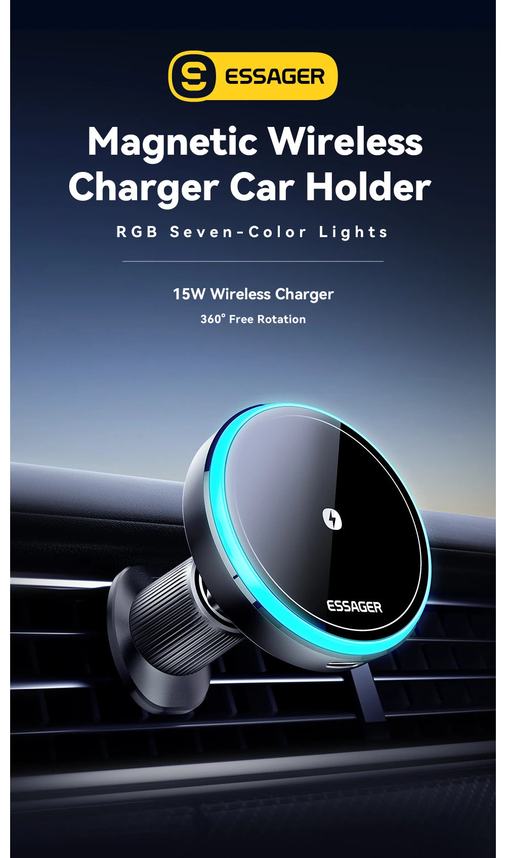 Essager 15W Magnetic Wireless Car Phone Holder Adjustable 360 degrees Car Charger For iPhone15 14 13 Pro Samsung Universal Phone sayaragear
