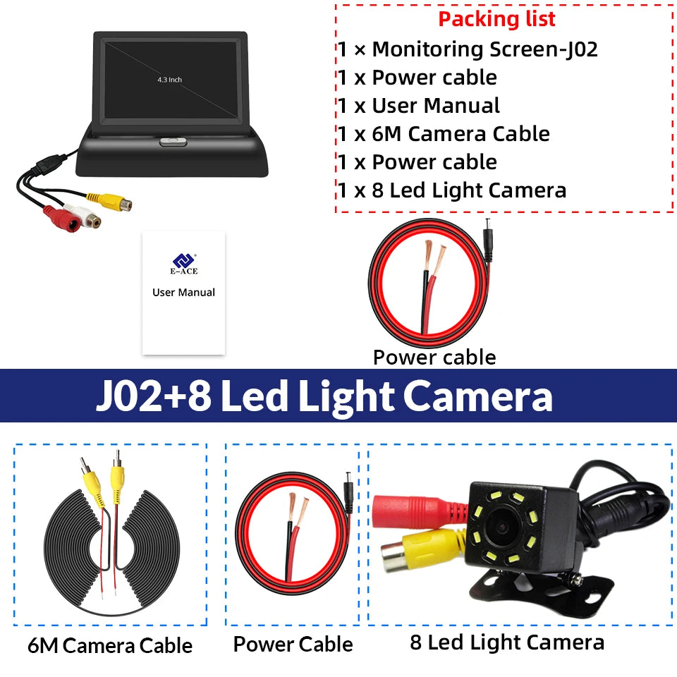E-ACE 4.3" Car Rear View Camera Monitor Folding Easy Installation Car Parking System Camera Automotive Electronic Accessories sayaragear