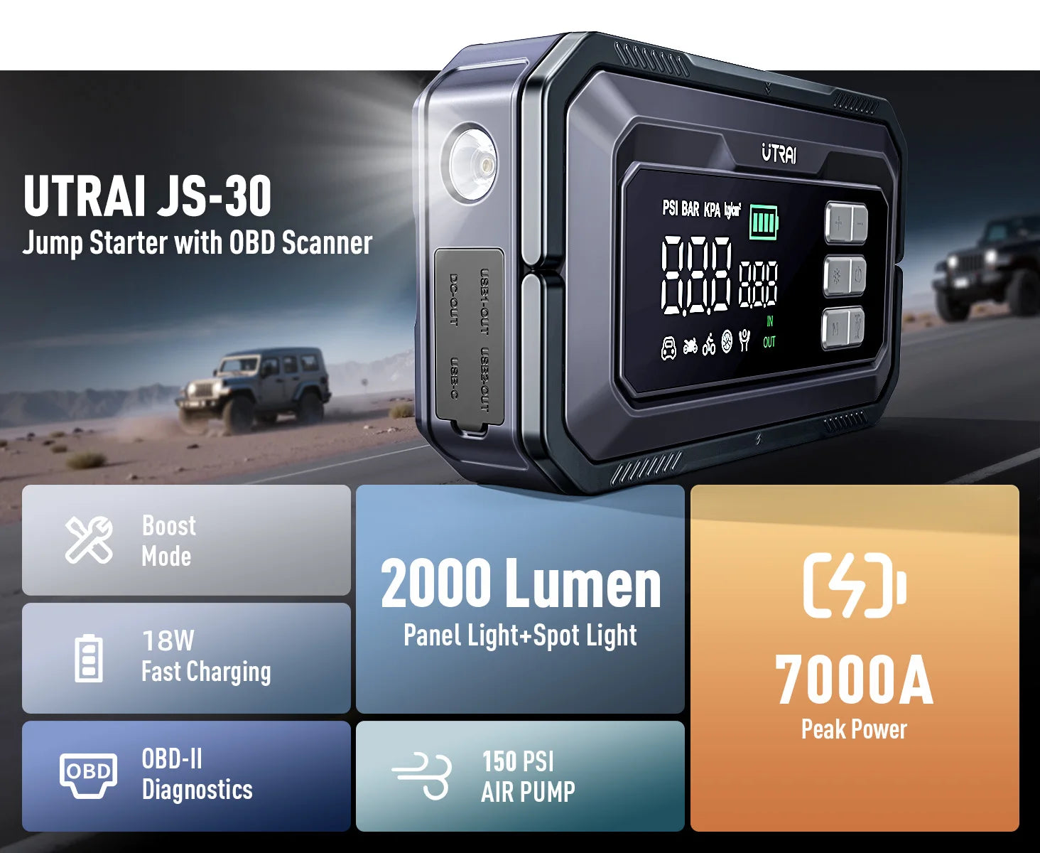 UTRAI All-in-One 7000A Car Jump Starter with Air Compressor &  OBD Diagnosis & Outdoor Camping Lights Emergency Boosters sayaragear