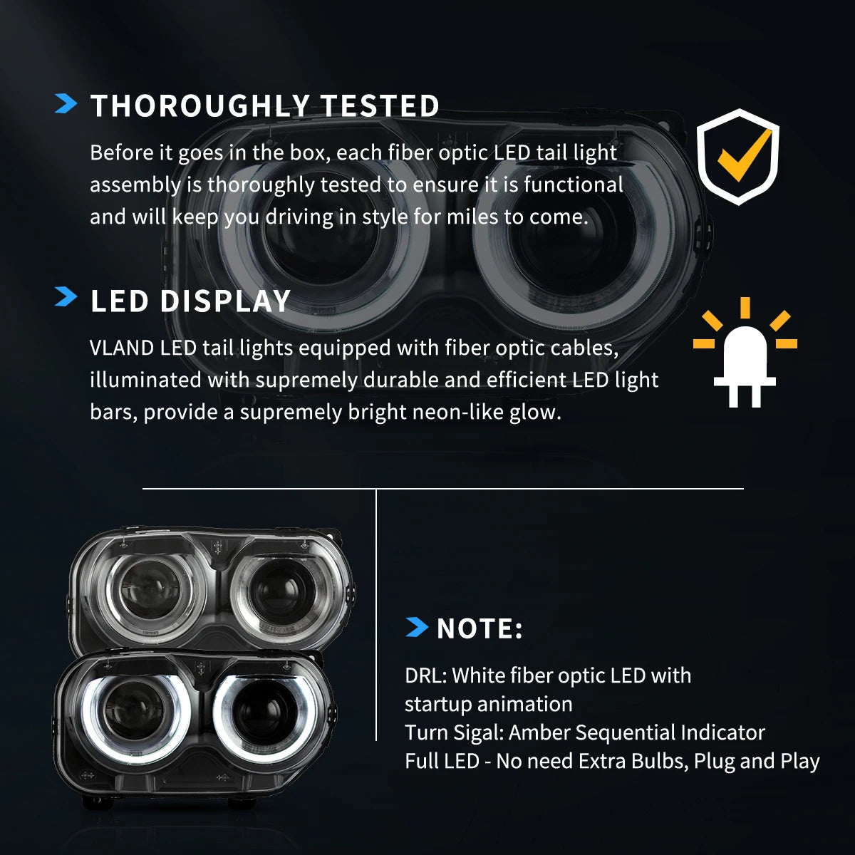 Vland 2015–2024 Challenger 3th Gen Facelifted RGB Dual Beam Projector Headlights Black sayaragear