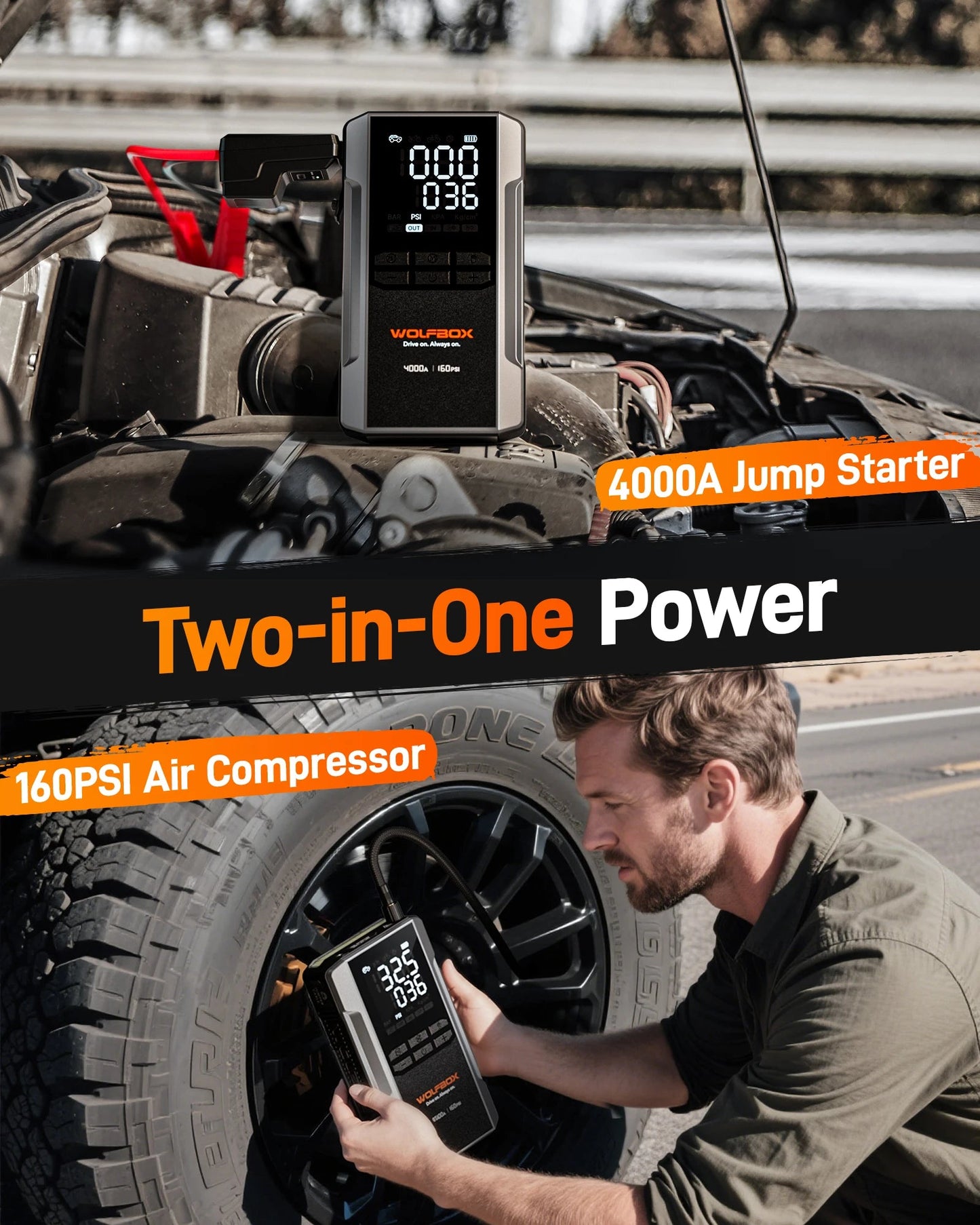 WOLFBOX 4000A Jump Starter with 160PSI Air Compressor, 12V Car Battery Booster, 65W Fast Charge, 24000mAh Portable Tire Inflator sayaragear