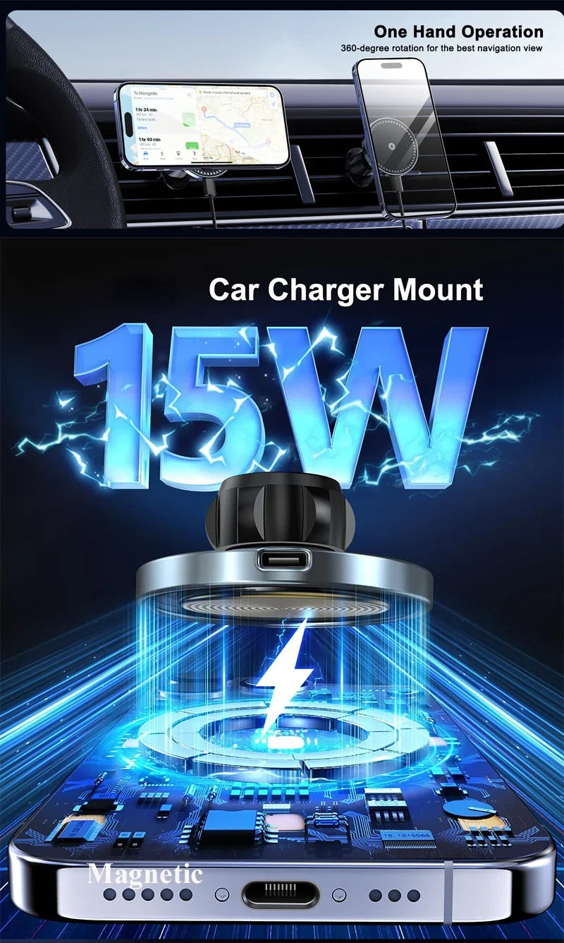 UYUXIO Strong Magnetic Wireless Car Phone Charger Adapter 15W Air Vent Car Phone Holder for iPhone 16 15 14 13 Pro Max Plus 12 sayaragear
