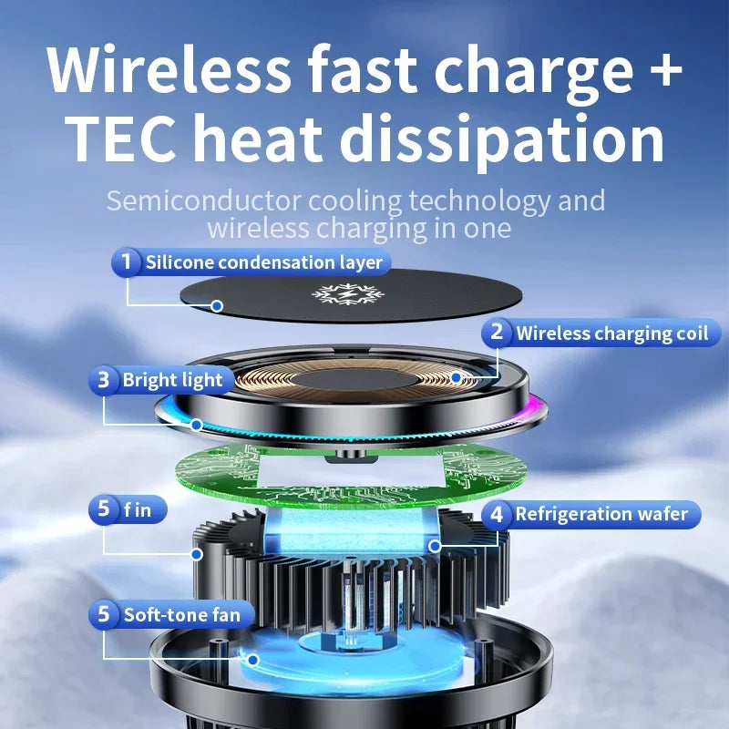ice Cooling Magnetic Wireless Car Charger Stand for iPhone 16 15 14 13 12 Pro Max MacSafe Car Phone Holder Fast Charging Station sayaragear