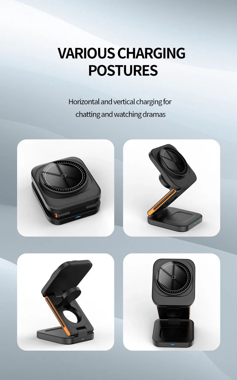 3 in 1 Foldable Charging Station Fast Magnetic Wireless Charger Stand for iPhone 17 16 15 14 13 12 Apple Watch 8 7 6 Airpods Pro sayaragear
