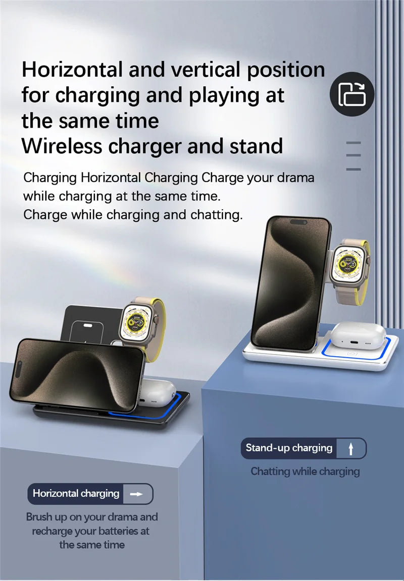 3 in 1 Wireless Charger Stand Pad Foldable Fast Charging Station Dock For iPhone 17 16 15 14 13 12 11 X 8 Apple Watch Airpods sayaragear
