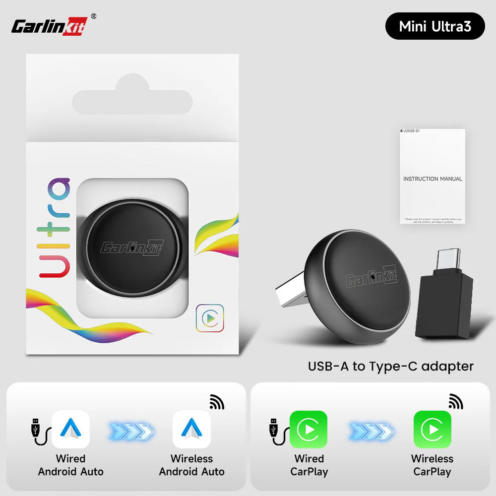 CarlinKit Mini Ultra3 CarPlay Android auto Wireless Adapter for Car infotainment Upgrade Adapter BT Wifi Connect 5.8GHz OTA sayaragear