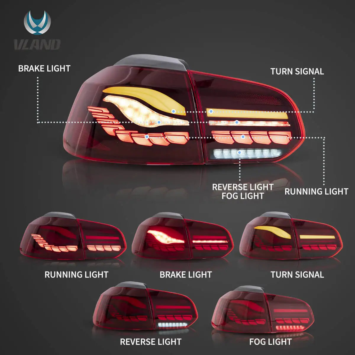 Vland 08-14 Golf 6th Gen Mk6 Hatchback II OLED Tail Lights With Dynamic Welcome Lighting (GTS Style) sayaragear