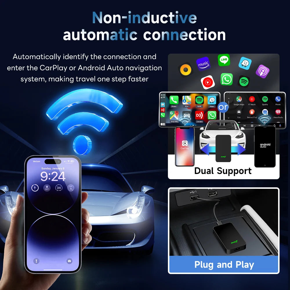 CarlinKit 5.0 Wired to Wireless Android Auto Box Wireless CarPlay Adapter Smart Car Ai Box WiFi Bluetooth Auto Connect Plug&Play sayaragear