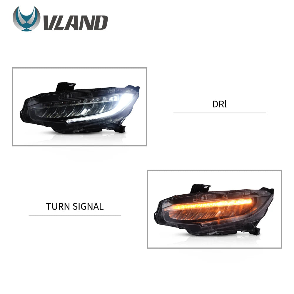 Vland factory car accessories for Car full LED lights for Civic headlight 2016-2018 with white DRL and yellow moving turn signal sayaragear
