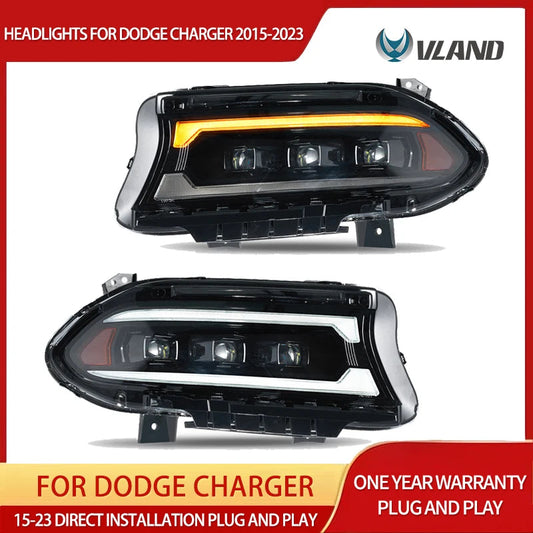 VLAND Bi-LED Projector Headlights Black For 2015-2023 Dodge Charger LED DRL Sequential Turn Signal Front Lamp Assembly sayaragear