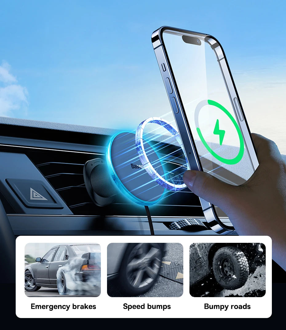 Baseus Magnetic Wireless Charger Car Phone Holder 15W Fast Charging Wireless Car Charger Holder For iPhone 16 15 14 13 Car Mount sayaragear