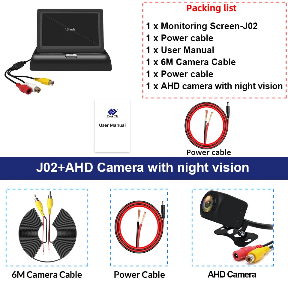 E-ACE 4.3" Car Rear View Camera Monitor Folding Easy Installation Car Parking System Camera Automotive Electronic Accessories sayaragear